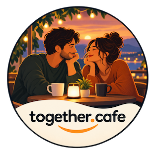 A couple talking at a café table at sunset — together.cafe